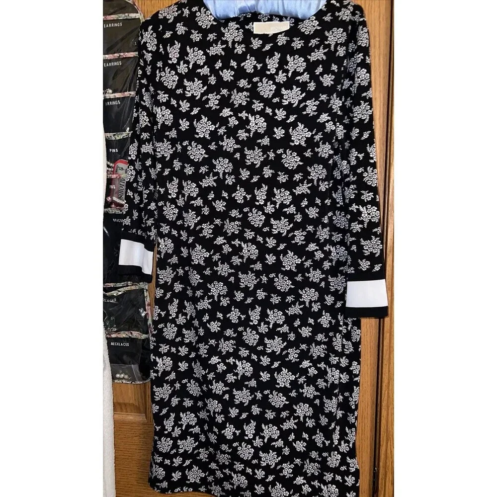 Michael Kors womens dress navy blue White Print stretch 3/4 sleeve short XS NWT